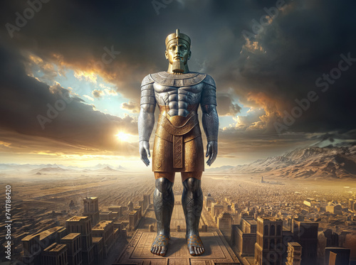 Nebuchadnezzar Dream: Gigantic Statue - made of four metals - head of gold full body image standing over ancient babylon