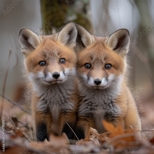 Playful red fox kits exploring a woodland, showcasing curiosity and cuteness.  © Nico