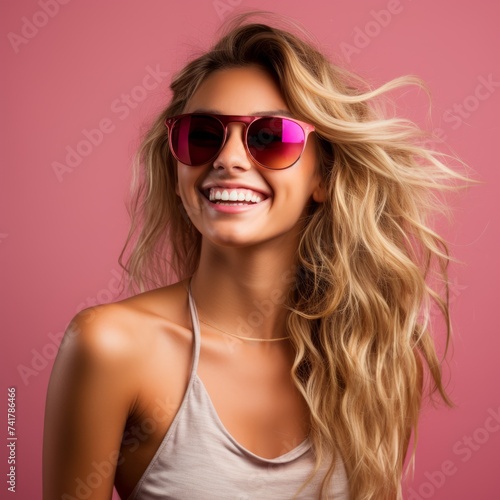 Portrait of a Smiling Blonde Woman Wearing Sunglasses