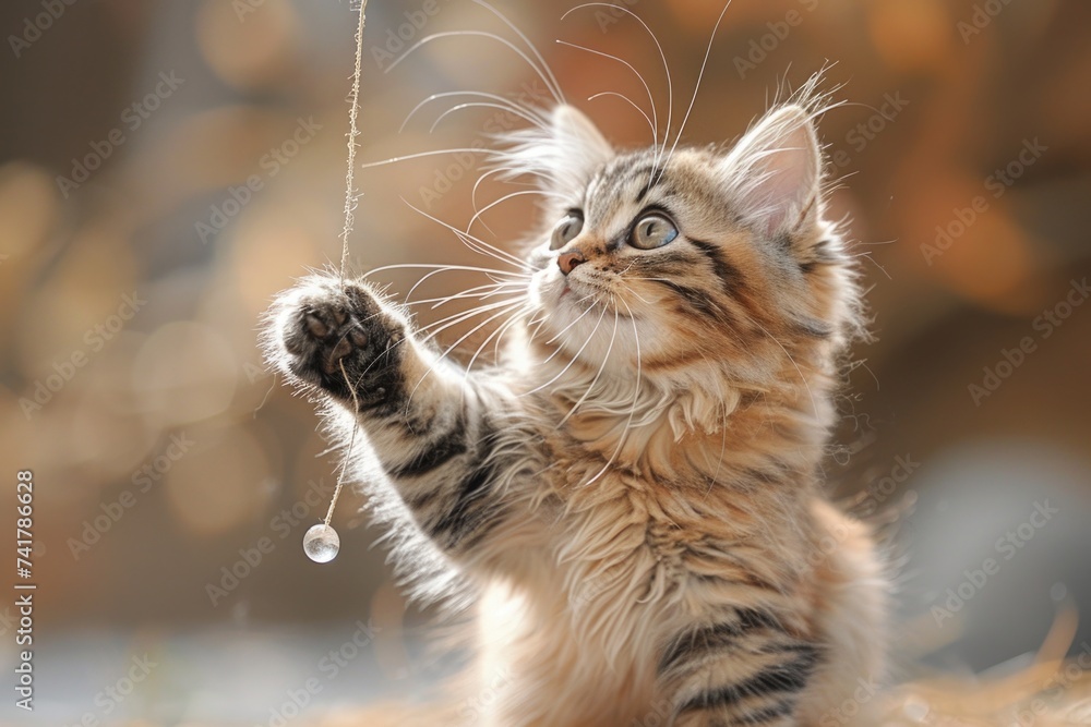 A kitten with striking patterns reaches for a dangling water droplet.