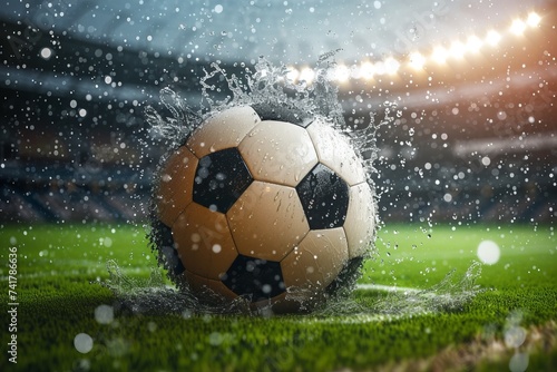 A soccer ball on a wet field with stadium lights in the background