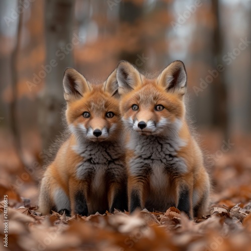 Playful red fox kits exploring a woodland, showcasing curiosity and cuteness. 