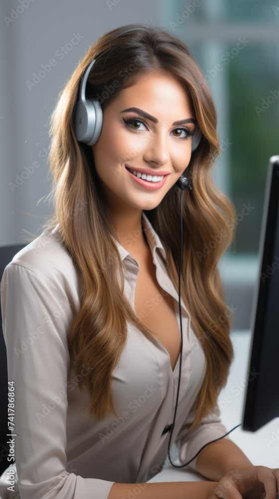 portrait of a beautiful female customer service representative wearing a headset portrait of a beautiful female customer service representative wearing a headset