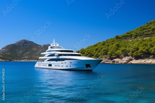 A sleek white yacht glides through the crystal clear waters of the Mediterranean Sea, surrounded by lush green hills. © Molostock