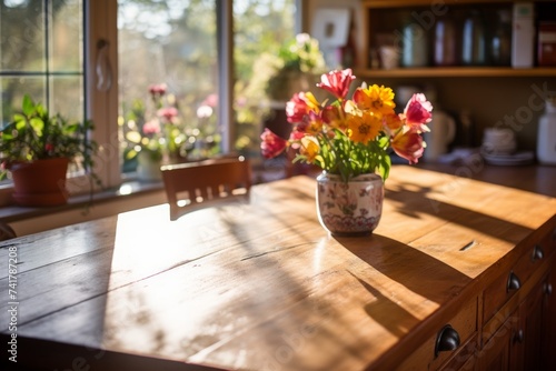 Still life of flowers in vase on wooden table by the window