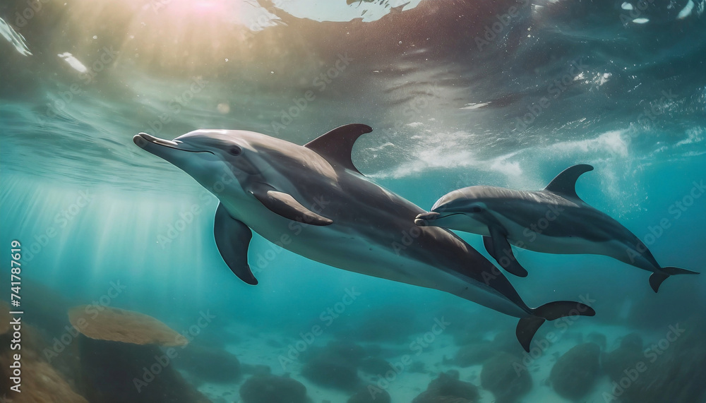 Obraz premium Tropical open water with wild dolphins swimming underwater, tropical animal, marine sea ocean theme