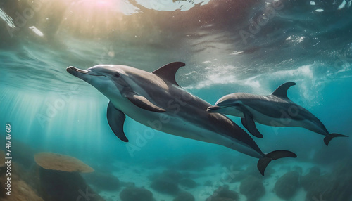 Tropical open water with wild dolphins swimming underwater, tropical animal, marine sea ocean theme