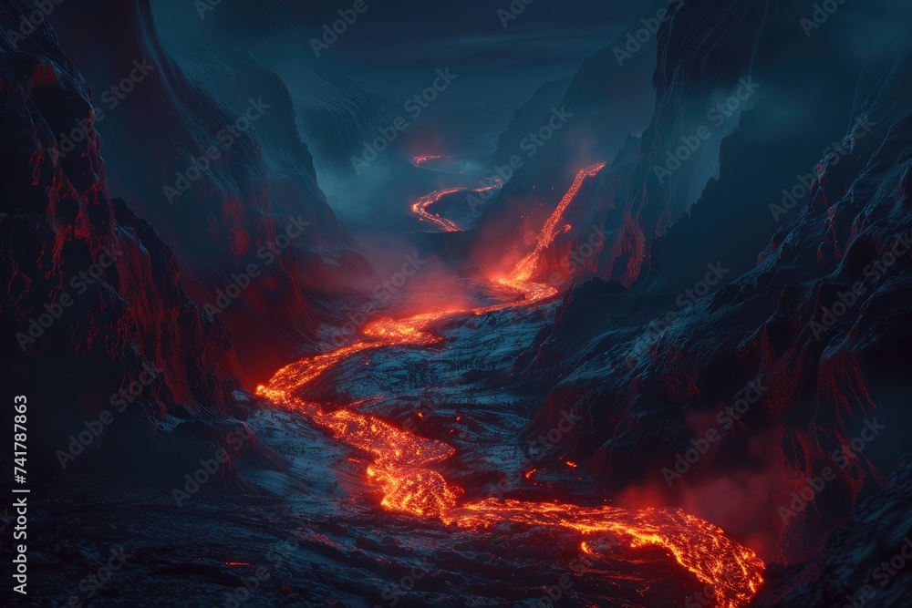 A lava river, as hot magma erupts from the ground and flows down. Generative AI - obrazy, fototapety, plakaty 