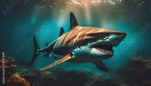 Ocean floor underwater seascape with shark, reef and natural sunlight through water surface, undersea marine wildlife tropical scenery