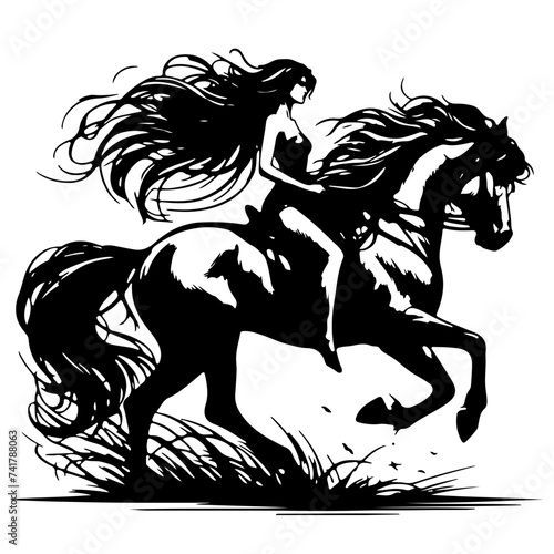 Woman riding a horse - black and white vector