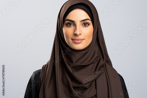 Portrait of a young woman wearing a brown hijab