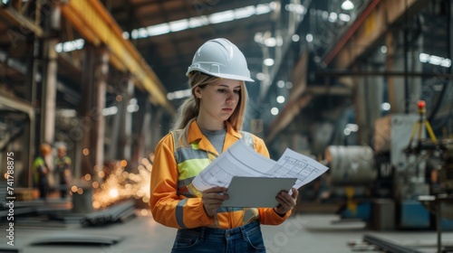 A female engineer wearing a hard hat and safety vest reviews blueprints in a factory