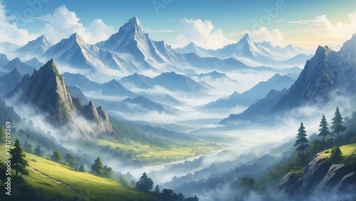 Majestic mountain range covered in morning mist—an enchanting nature scenery illustration evoking a sense of freshness and relaxation.