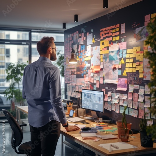 A man looking at a wall full of sticky notes.