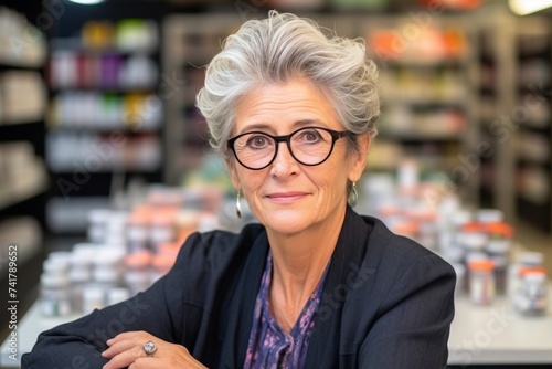 A calm senior pharmacist woman with glasses on the background of shelves with medicines