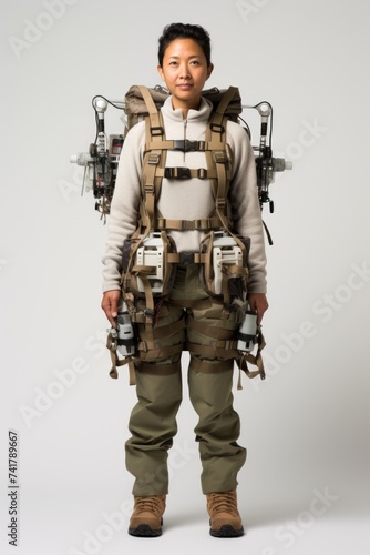 A woman wearing a military exoskeleton