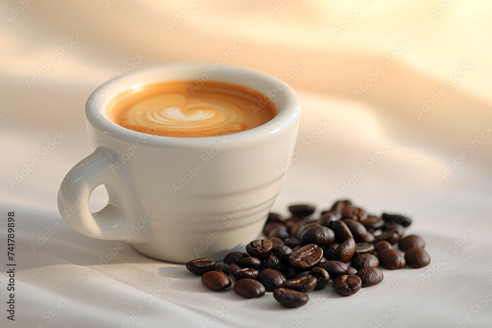 Obraz premium Cappuccino in a white cup with coffee beans