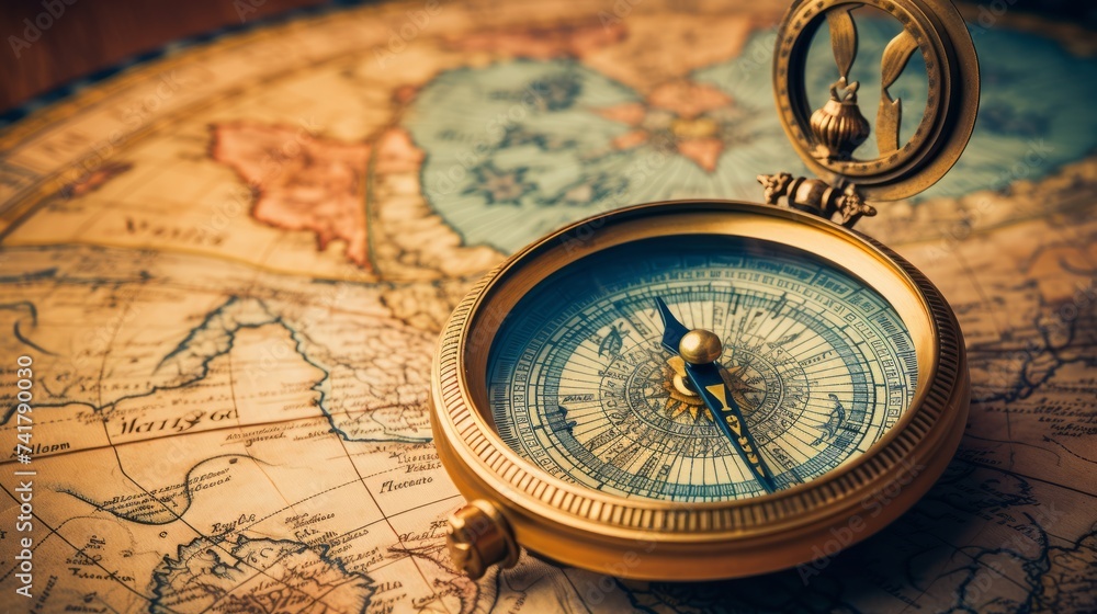 A golden compass sits on top of an old world map.