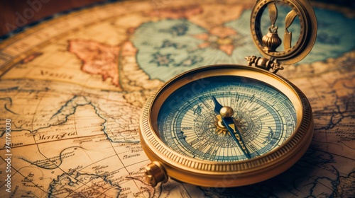 A golden compass sits on top of an old world map.