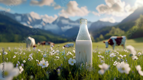 Glass bottle with milk on the grass and cow grazing in meadow on green meadow, flowers and mountains. Fresh organic milk. A herd of cows in field.