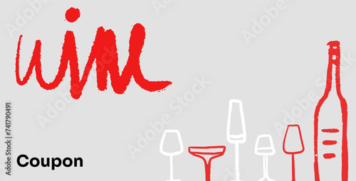 Isolated vector set of wine and alcoholic beverage glasses and tumblers. Wine coupon. Hand drawn sketch. Red and black drawing on white background.	