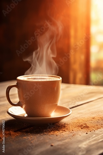 Close-up of a ceramic cup of hot coffee on a wooden table with a warm sunlight in the background