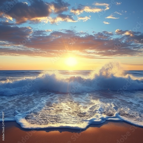 The sun rises over the ocean, casting a golden glow on the waves.