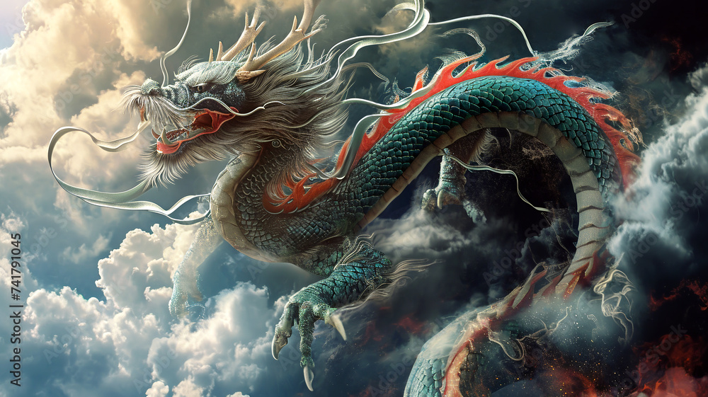 Traditional Chinese dragon portrait flying in the sky with clouds of smoke and fire Traditional Chinese dragon portrait flying in the sky with clouds of smoke and fire