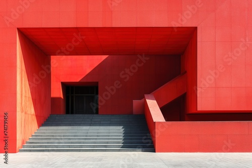 A photo of a bold neo-brutalist red building with a staircase leading up to it.