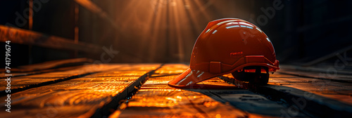 A vivid orange hard hat sitting atop a construction blueprint, symbolizing safety and planning for construction projects. Safety helmet on the wooden floor in construction site with sun light. photo