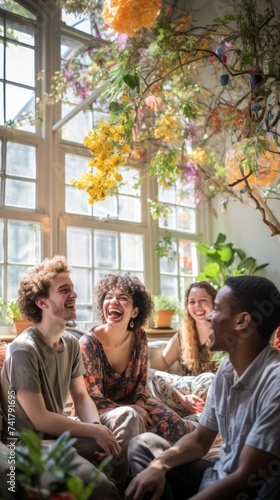 Multiethnic group of friends laughing together in a sunlit room