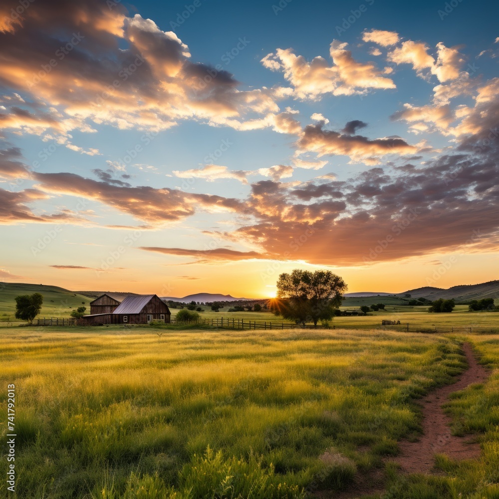Rural American Farmland Landscape at Sunset