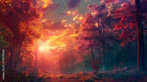 A painting of an colorful forest at sunset  balance and harmony  earthy color palettes  ultra detailed.