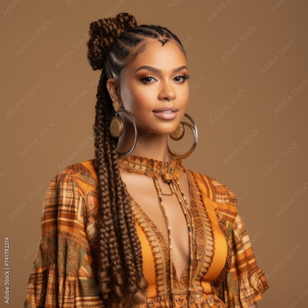 portrait of a beautiful black woman with long braided hair wearing a brown patterned dress portrait of a beautiful black woman with long braided hair wearing a brown patterned dress