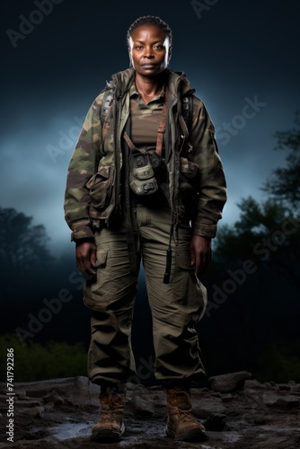 A portrait of a black female park ranger standing in a forest at night