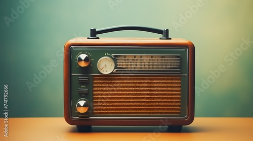 A vintage green and brown radio from the 1950s sits on a table against a green background.