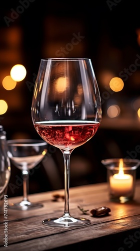 Elegant wine glass on a wooden table with a blurred background of a bar