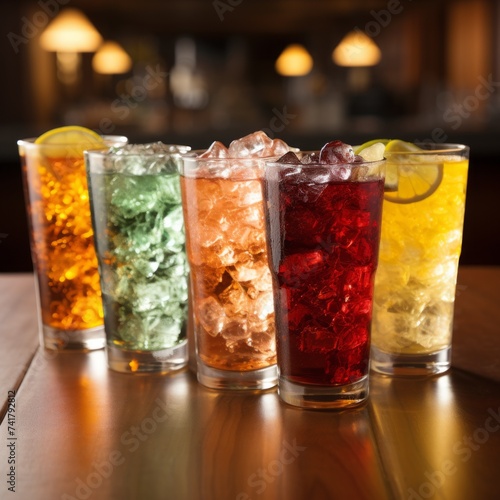 Five glasses of soda on a bar