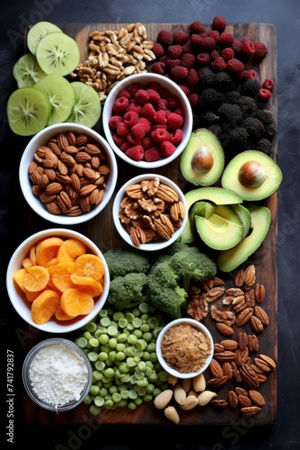 A variety of healthy food ingredients are arranged on a wooden table © Adobe Contributor
