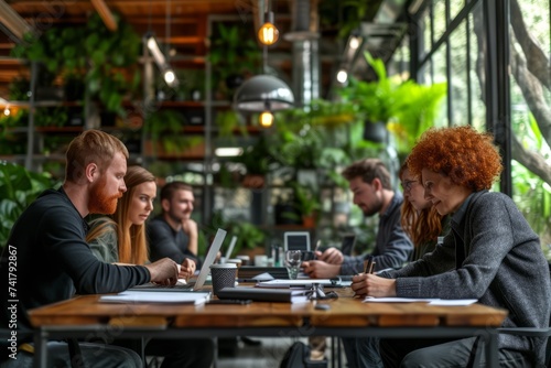 A group of people working together in a cafe