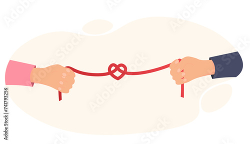 Human hands pulling the rope, family relationship concept, solving the problem, flat vector illustration