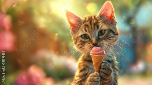 Kitten Enjoying Ice Cream in a Blossoming Garden