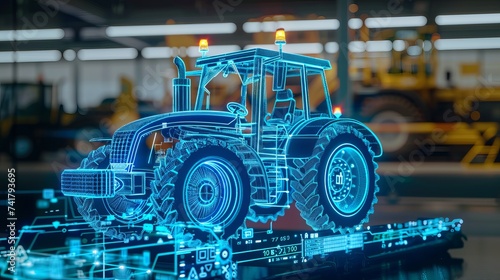 a blue light holographic display displaying an intricate industrial farm tractor schematic