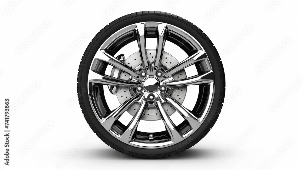 car tire and wheel, chrome-colored wheel, isolated on a white background.