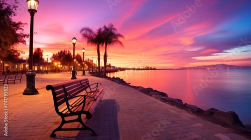 Colorful sky over calm lake with palm trees and bench on promenade