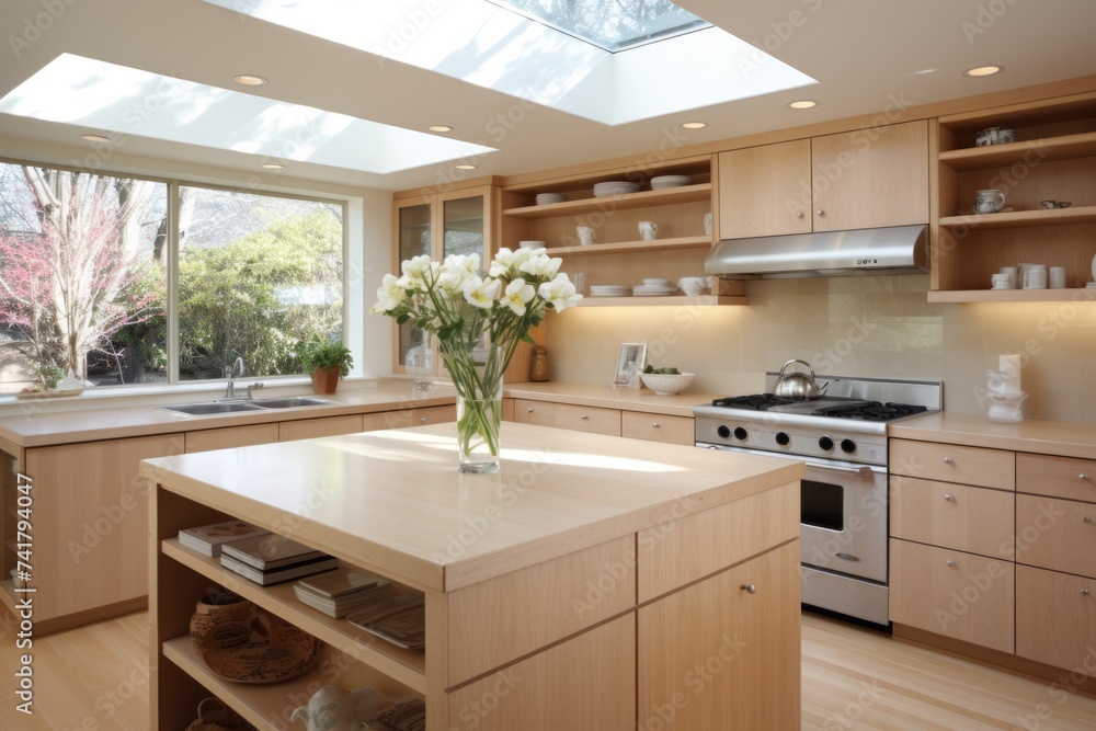 Fototapeta premium Kitchen island with a vase of flowers