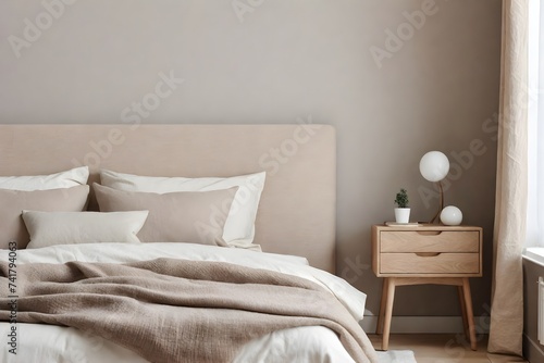 A bedroom with a bedside table and lamp close-up. A cozy interior of a private house or a modern apartment in beige colors.