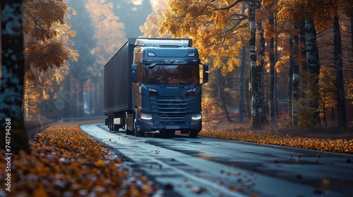 Front view of a modern european lorry truck in autumn scenery,   truck color are navy

