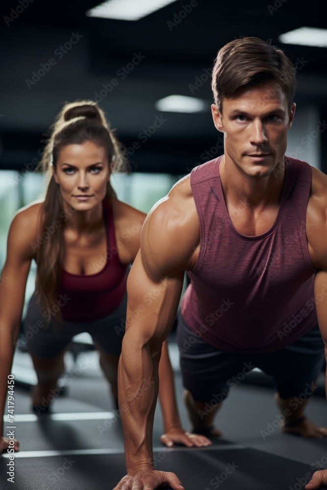 A man and a woman doing push-ups in a gym A man and a woman doing push-ups in a gym