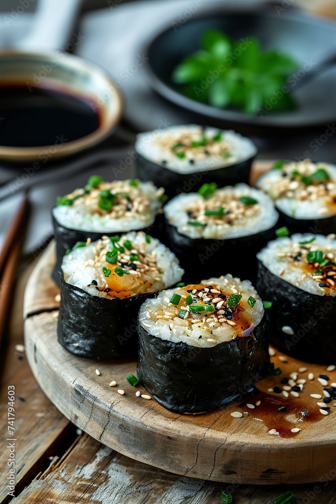 Asian cabbage roll and soy sauce on wooden background Asian cabbage roll and soy sauce on wooden background